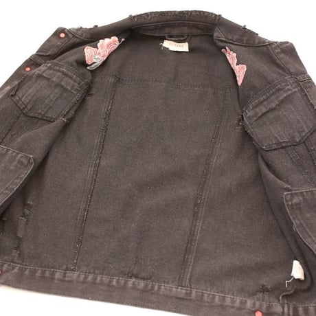 Flower Embroidery Black Denim Jacket