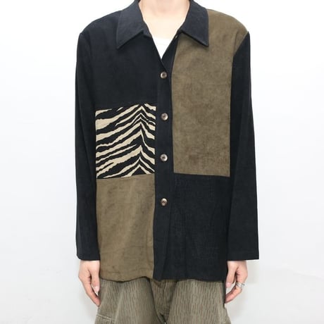 Patchwork Design Open Collar Fake Suede L/S Shirt