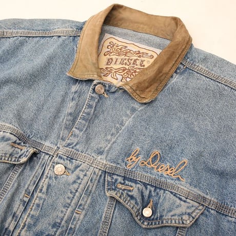 90s Diesel Leather Collar Denim Jacket MADE IN ITALY