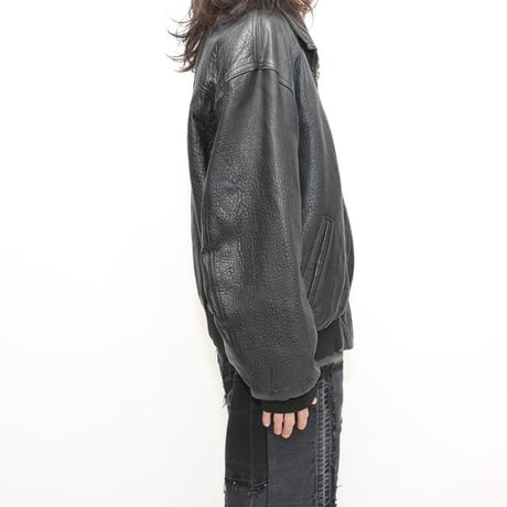 Black Rib Leather Jacket Loose Silhouette