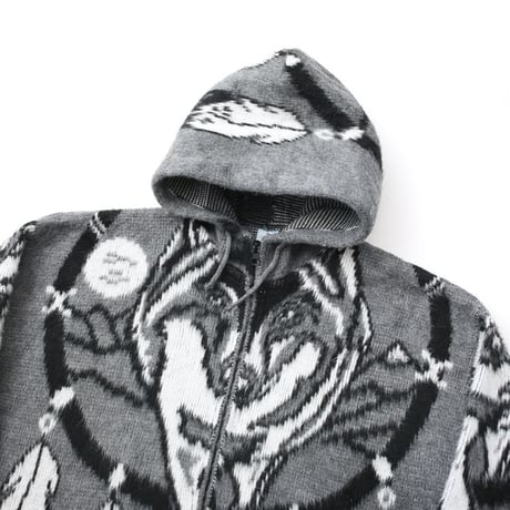 Artesanias Tuntaquimba Native Wolf Pattern Wool Knit Hooded Jacket