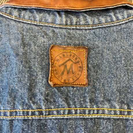 Marlboro Leather Collared Denim Jacket Loose Silhouette
