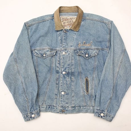 90s Diesel Leather Collar Denim Jacket MADE IN ITALY