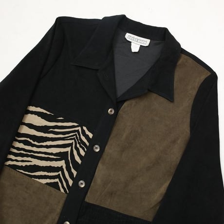 Patchwork Design Open Collar Fake Suede L/S Shirt