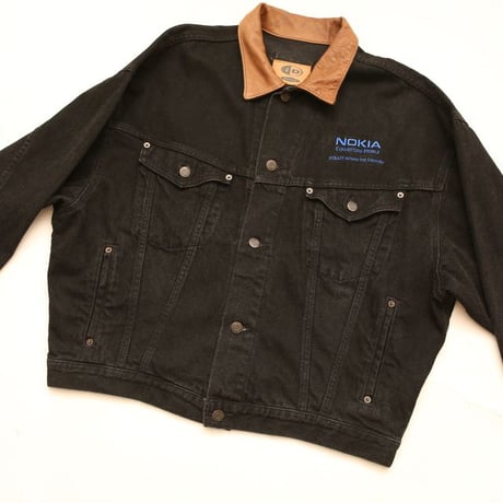 Leather Collared Black Denim Jacket Loose Silhouette