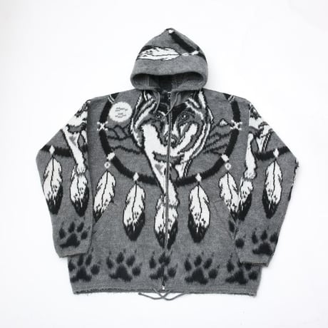 Artesanias Tuntaquimba Native Wolf Pattern Wool Knit Hooded Jacket
