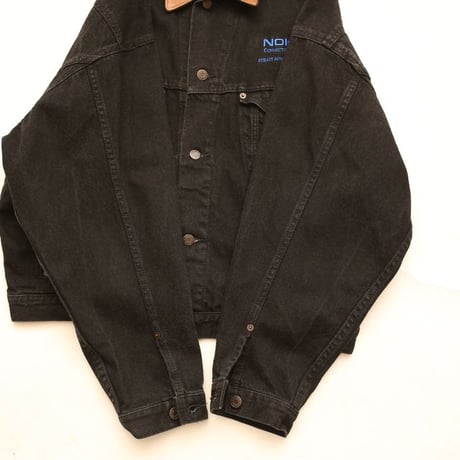 Leather Collared Black Denim Jacket Loose Silhouette