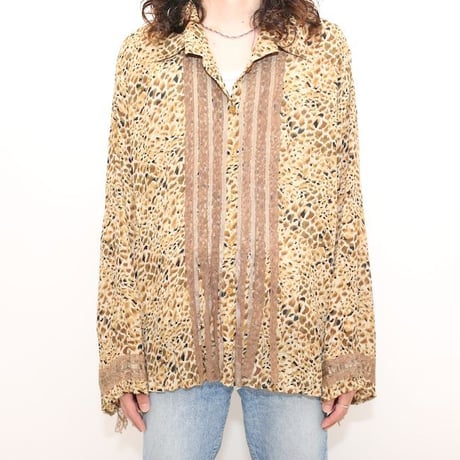 Lace & Fringe Design Animal Pattern L/S Shirt