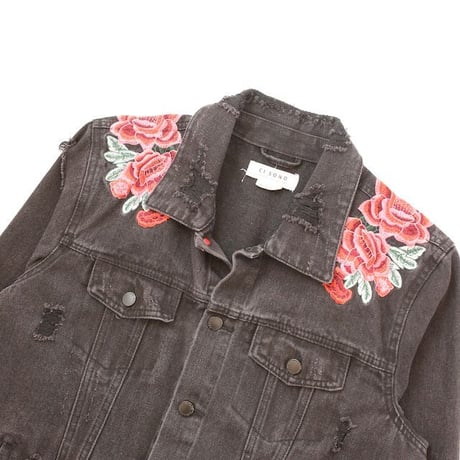Flower Embroidery Black Denim Jacket