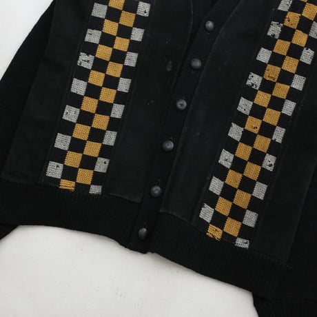 Vintage Wool × Suede Leather Checkerboard Design Cardigan