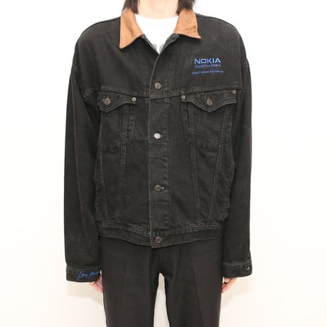 Leather Collared Black Denim Jacket Loose Silhouette