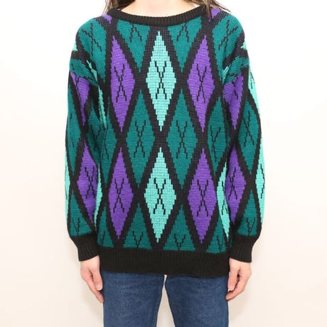 Argyle Pattern Acrylic Knit Sweater Made in USA