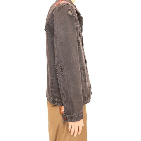 Flower Embroidery Black Denim Jacket