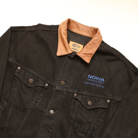 Leather Collared Black Denim Jacket Loose Silhouette