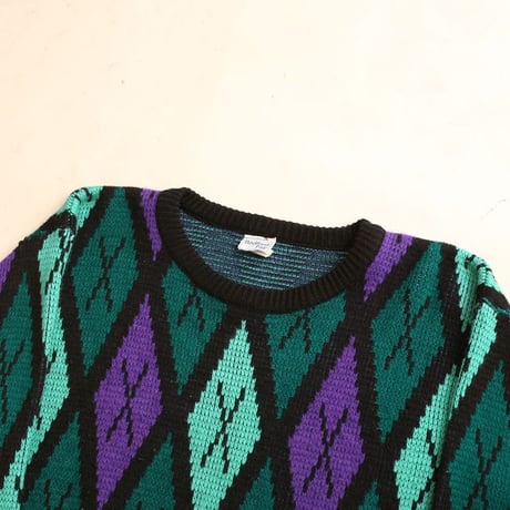 Argyle Pattern Acrylic Knit Sweater Made in USA