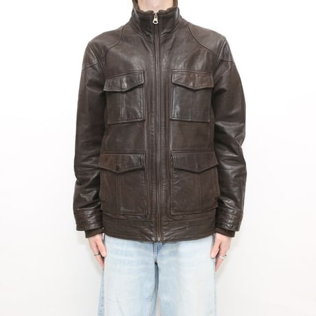 Stand up Collar Brown Leather Jacket