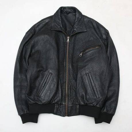 Black Rib Leather Jacket Loose Silhouette