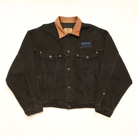 Leather Collared Black Denim Jacket Loose Silhouette