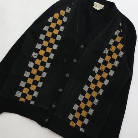 Vintage Wool × Suede Leather Checkerboard Design Cardigan