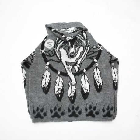 Artesanias Tuntaquimba Native Wolf Pattern Wool Knit Hooded Jacket