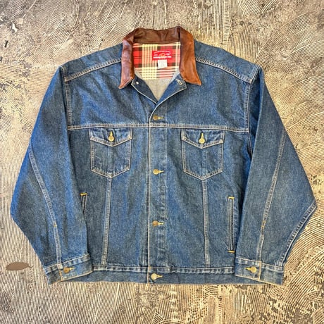 Marlboro Leather Collared Denim Jacket Loose Silhouette