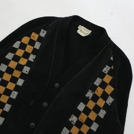 Vintage Wool × Suede Leather Checkerboard Design Cardigan