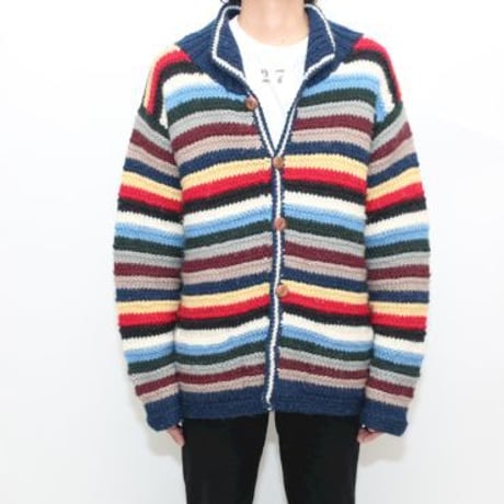 Multi Border Pattern Wool Knit Cardigan