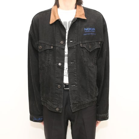 Leather Collared Black Denim Jacket Loose Silhouette
