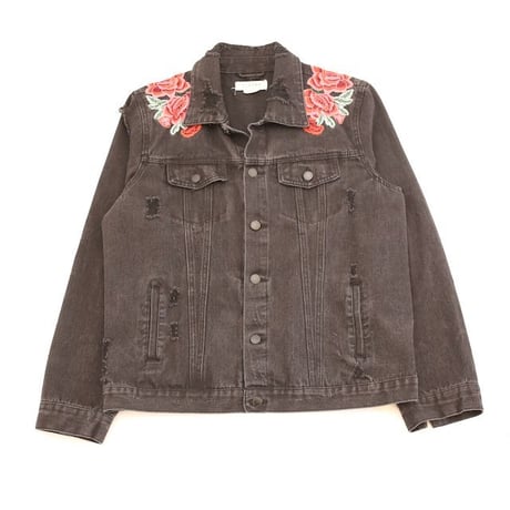 Flower Embroidery Black Denim Jacket