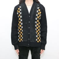 Vintage Wool × Suede Leather Checkerboard Design Cardigan