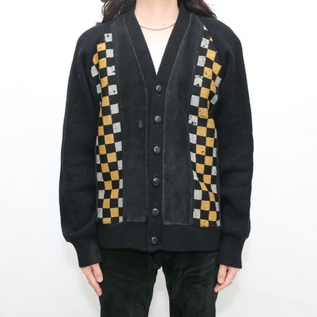 Vintage Wool × Suede Leather Checkerboard Design Cardigan