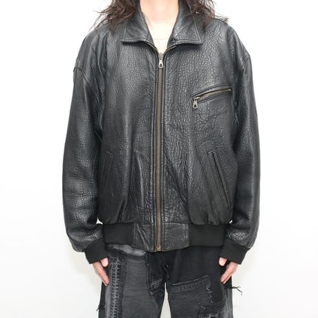 Black Rib Leather Jacket Loose Silhouette