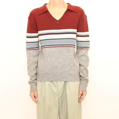 Vintage Kennington Border Pattern Knit Polo L/S Shirt