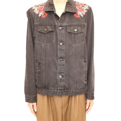 Flower Embroidery Black Denim Jacket