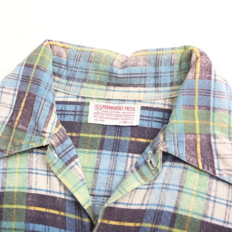 70s Plaid Print Flannel Open Collar Shirt