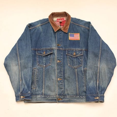 Marlboro Leather Collared Denim Jacket Loose Silhouette