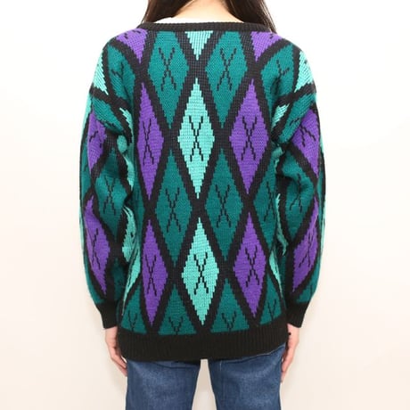 Argyle Pattern Acrylic Knit Sweater Made in USA