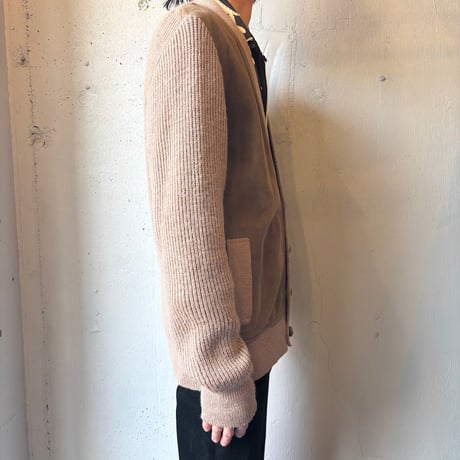 Norm Thompson Suede × Wool Knit Cardigan MADE IN GREAT BRITAIN