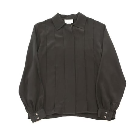 Open Collar Black Silk L/S Shirt Pleats Design