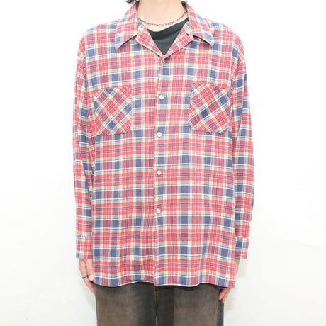 70s Plaid Print Flannel Open Collar Shirt