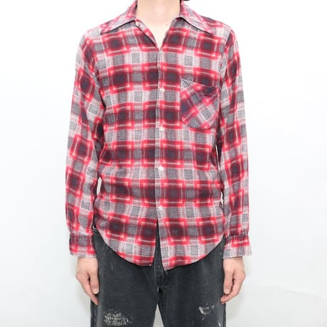 70s Plaid Print Flannel Open Collar Shirt