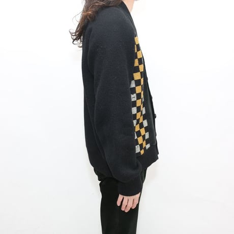 Vintage Wool × Suede Leather Checkerboard Design Cardigan