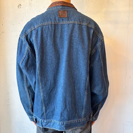 Marlboro Leather Collared Denim Jacket Loose Silhouette
