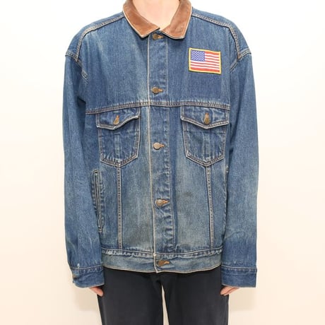Marlboro Leather Collared Denim Jacket Loose Silhouette