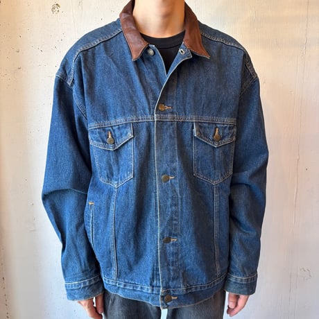 Marlboro Leather Collared Denim Jacket Loose Silhouette