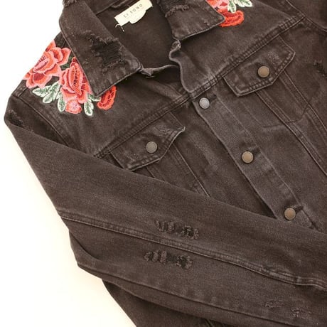 Flower Embroidery Black Denim Jacket