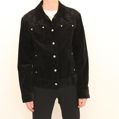 Black Embroidery Corduroy Trucker Jacket