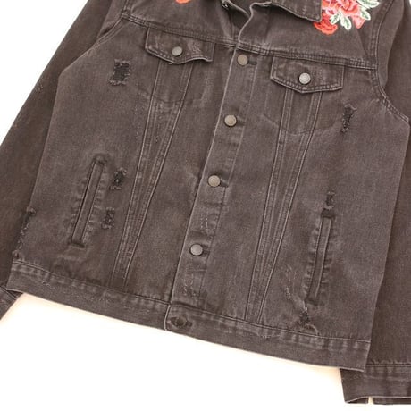 Flower Embroidery Black Denim Jacket