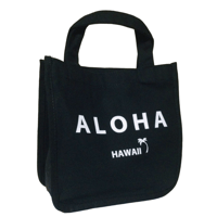 キャンバストートバッグ ALOHA パームツリー ハワイ サーフィン フラダンスUSA ハワイアン 雑貨 30×20×14（cm）(ブラック)