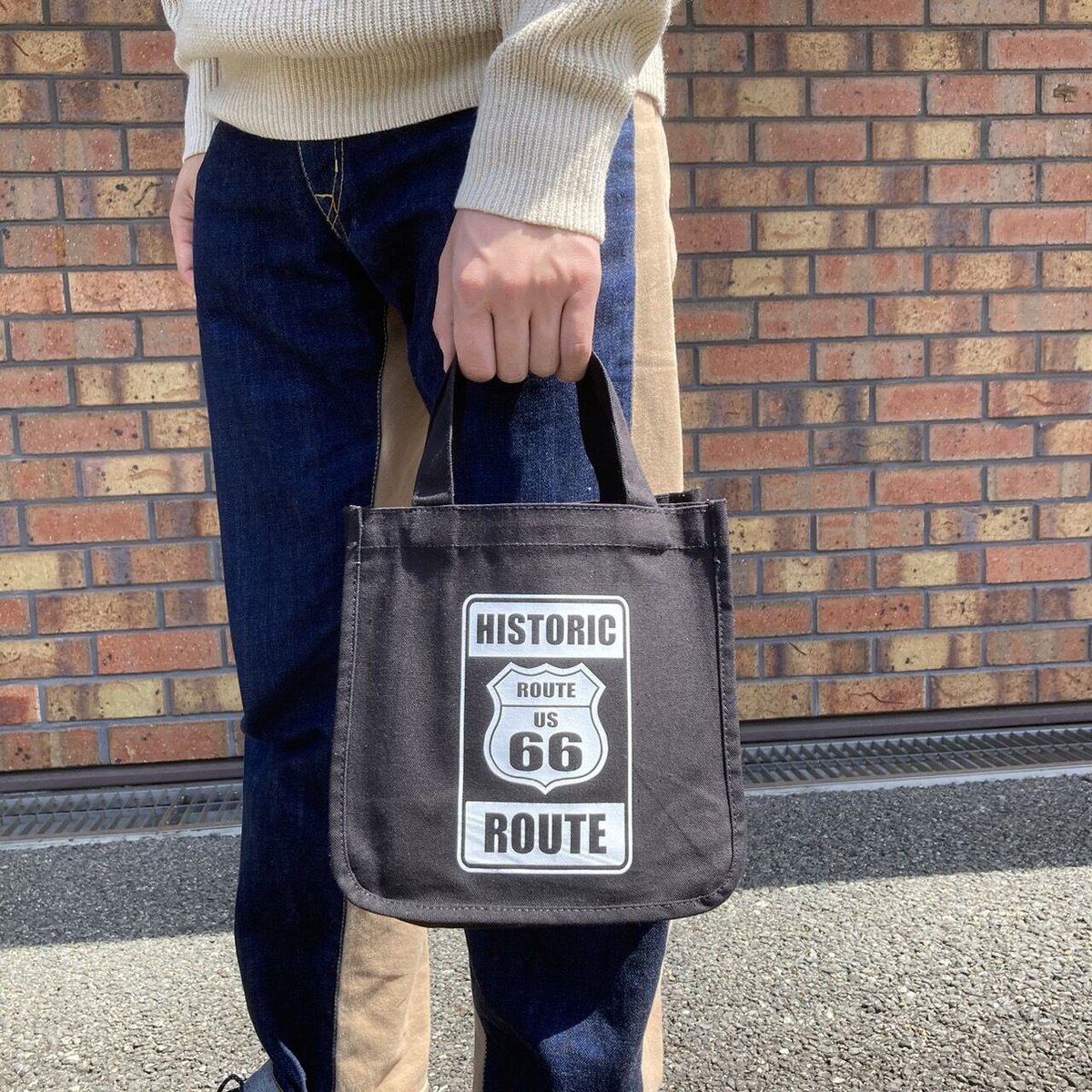 キャンバストートバッグ ルート66 アメリカン route66 USA アメ雑 雑貨 30×20×14（cm）(ブラック)